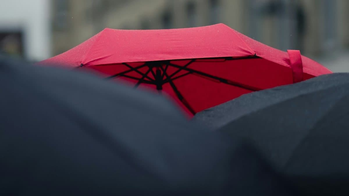 A red umbrella raised among black umbrellas in the rain