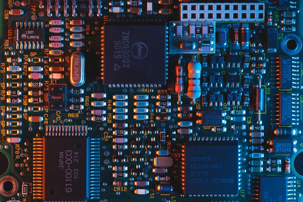 Close-up of a circuit board lit in blue and orange