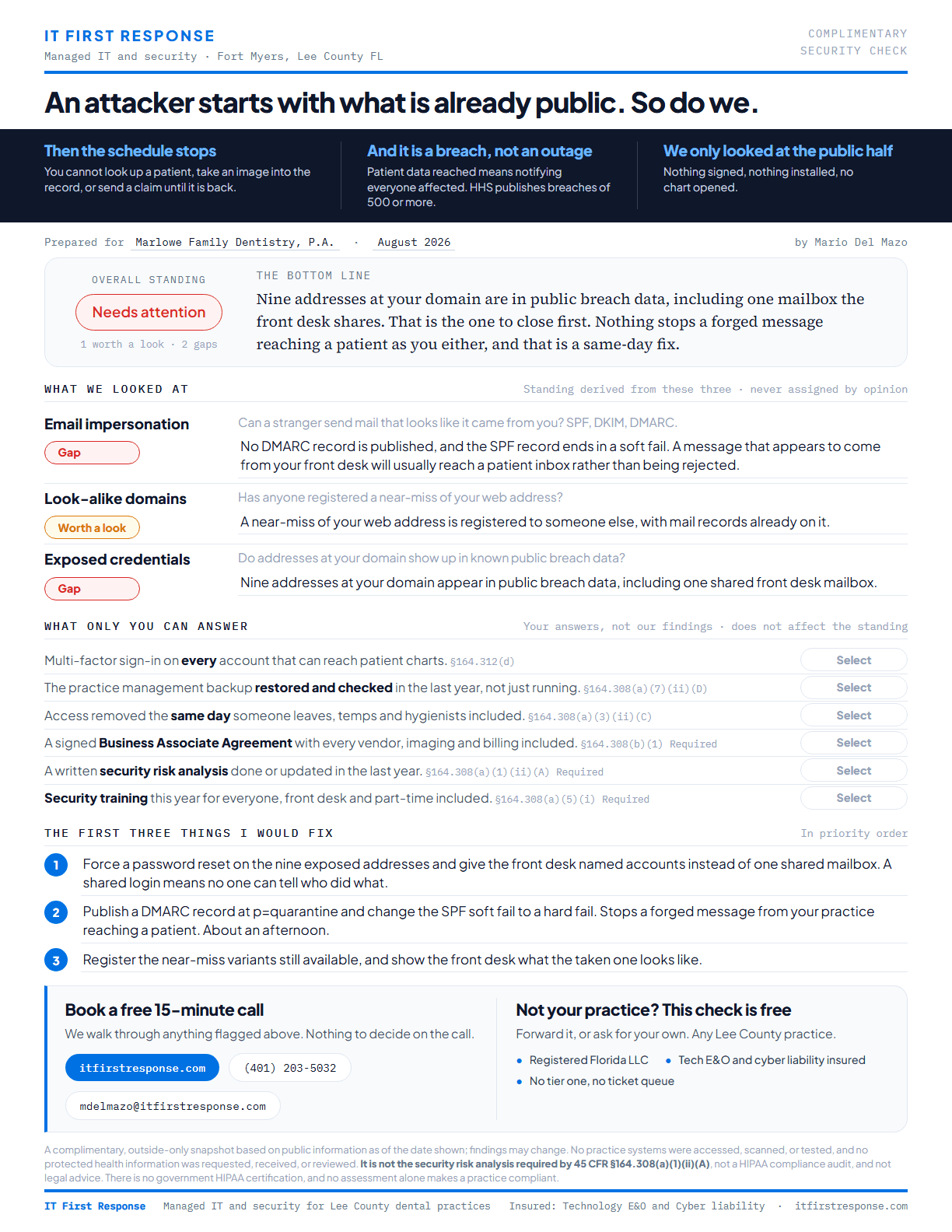 A completed Security Check prepared for a sample dental practice, showing the overall standing, the three outside findings behind it, and the first three things to fix, all on one page