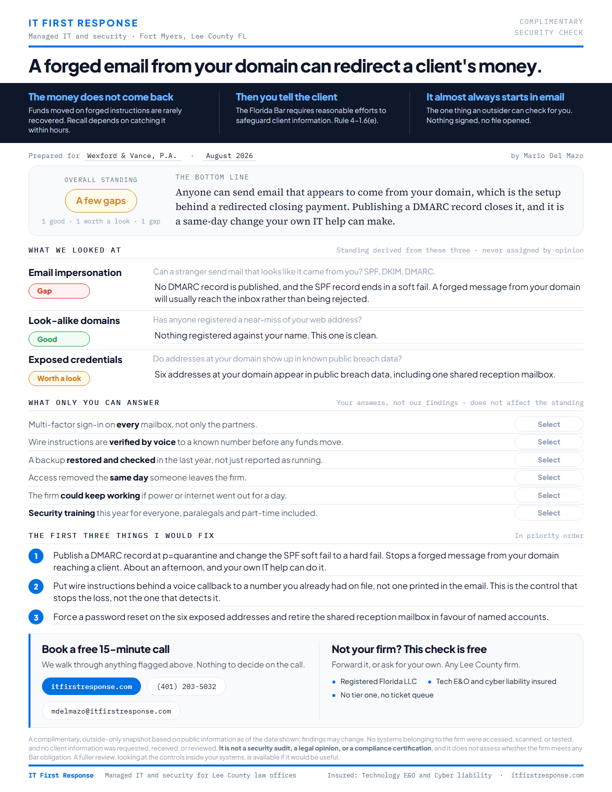 A sample Law Office Security Check prepared for a fictional firm, showing the overall standing, three outside findings, and the first three things to fix